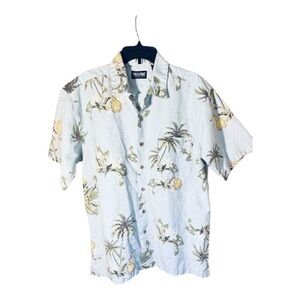 Wolverine Boots palm trees light blue linen look Hawaiian Island style shirt